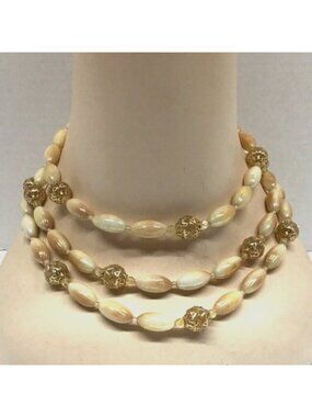 Beaded Natural Color Triple Strand Vintage 1960s Made in Hong Kong Necklace